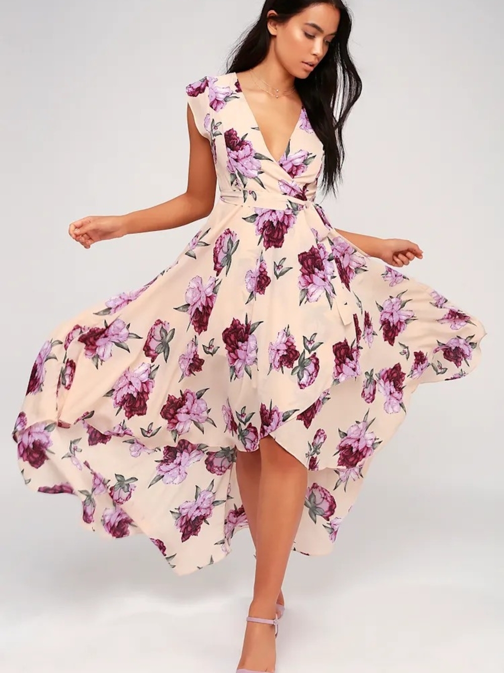 Lulu's Cream High-Low Wrap Dress with Purple Floral Print